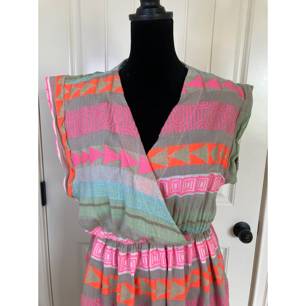 Sofia‎ Collections Italy Neon Geometric Tribal Print Cotton Tiered Maxi Dress S - Picture 2 of 7